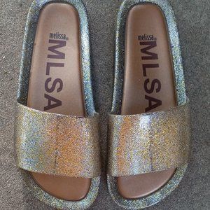 Melissa MLSA Glitter Gold Recycled Plastic Slide Sandals Women's Sz 7 Bejeweled